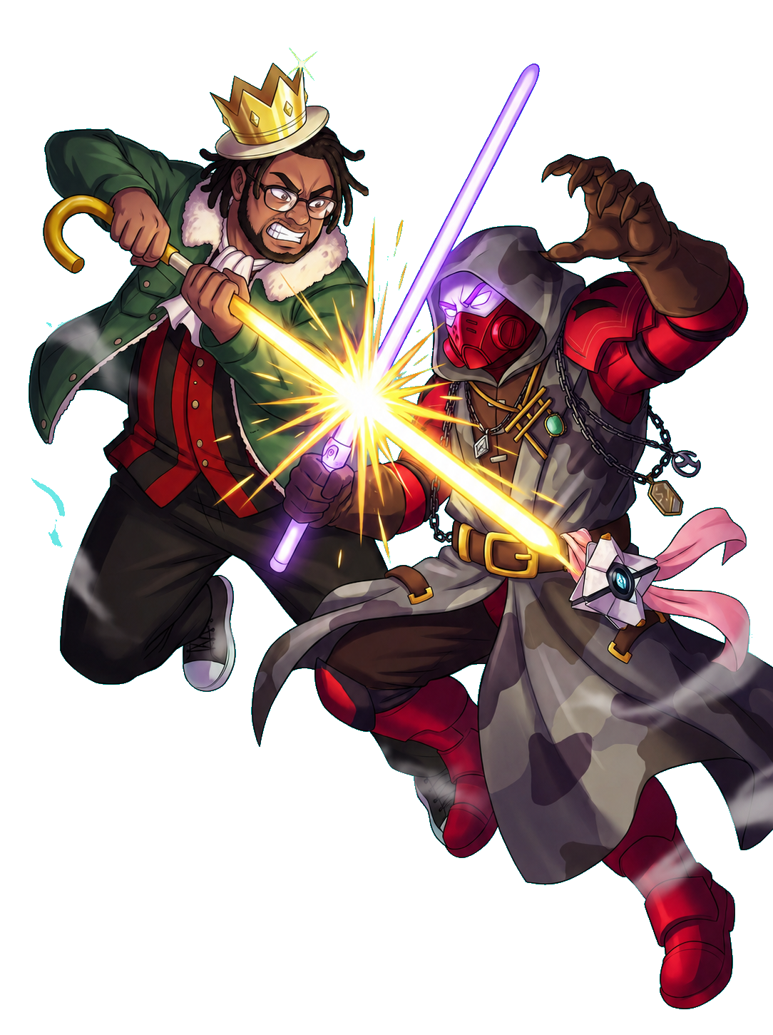 Henno battling Kane with crossed glowing weapons