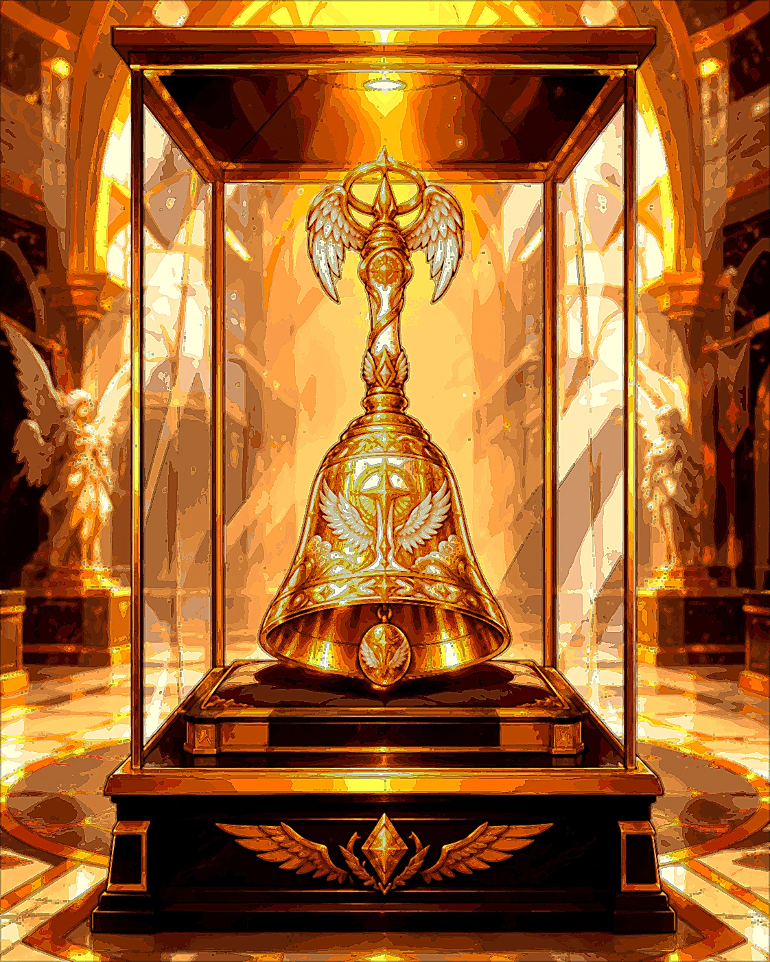 Jin's Bell in a stylized glass exhibit