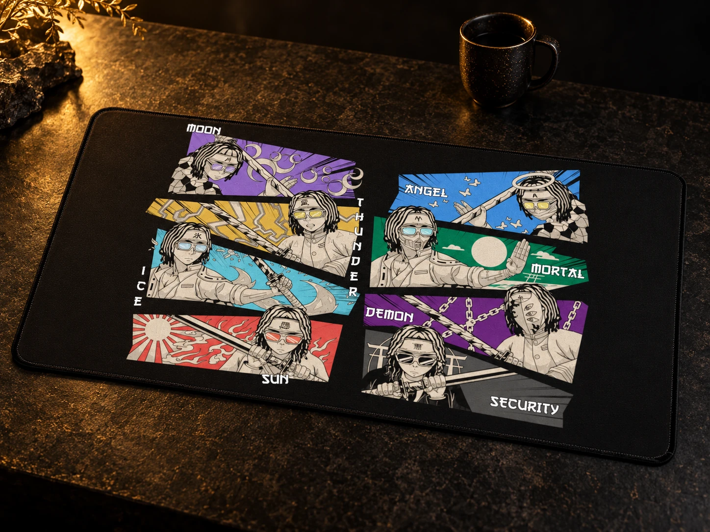 Studio presentation of the Dojo Rapture desk mat on a dark tabletop
