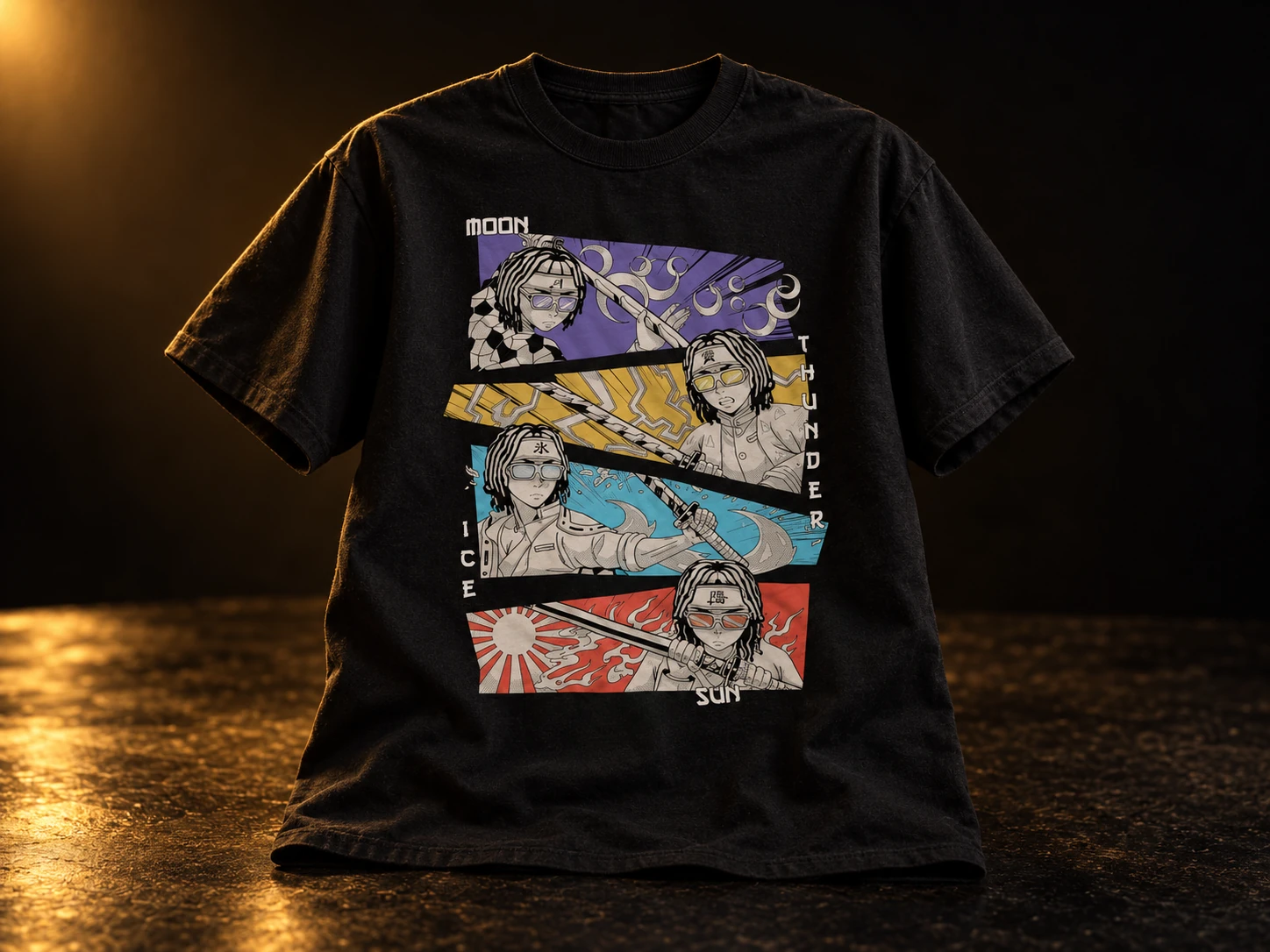 Studio presentation of the black Elements Of The Rapture shirt with warm gold lighting